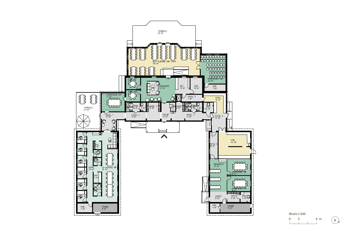 Ritning av hur lokalerna i Östanå värdshus ska användas, med ytor för konferens, restaurang och kontorsrum.